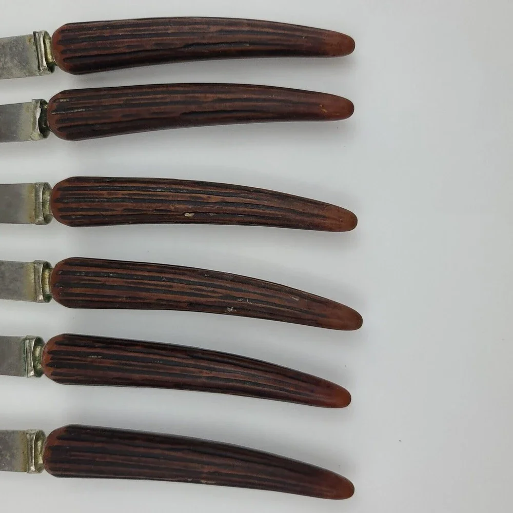 6 Vtg Regal Crest Steak Knives Sheffield England Stag Type Handles Stainless